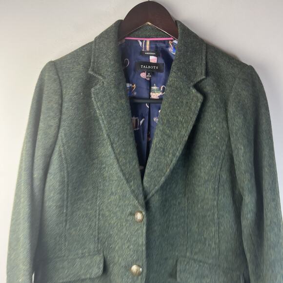 Talbots Blazer Womens 10 Green Wool Blend Gold Button Lined Aberdeen Herringbone - Picture 2 of 9
